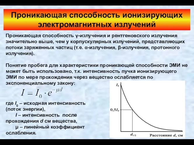 Проникающая способность ионизирующих электромагнитных излучений Проникающая способность γ-излучения и рентгеновского