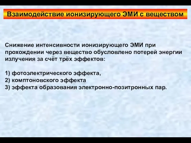 Взаимодействие ионизирующего ЭМИ с веществом Снижение интенсивности ионизирующего ЭМИ при