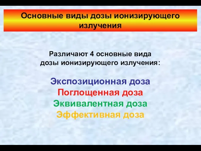 Основные виды дозы ионизирующего излучения Различают 4 основные вида дозы