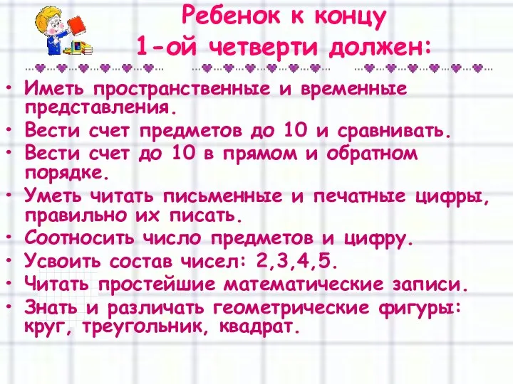 Ребенок к концу 1-ой четверти должен: Иметь пространственные и временные