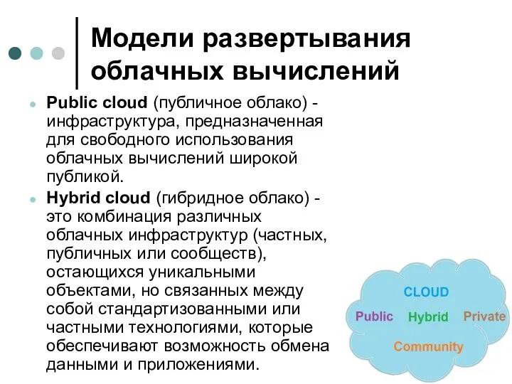 Модели развертывания облачных вычислений Public cloud (публичное облако) - инфраструктура,