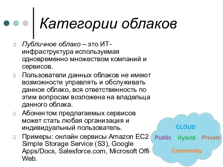 Категории облаков Публичное облако – это ИТ-инфраструктура используемая одновременно множеством