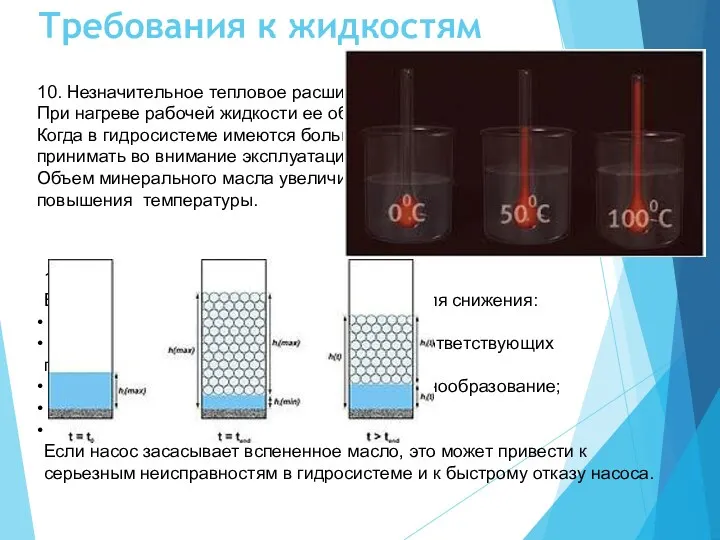 Требования к жидкостям 10. Незначительное тепловое расширение При нагреве рабочей