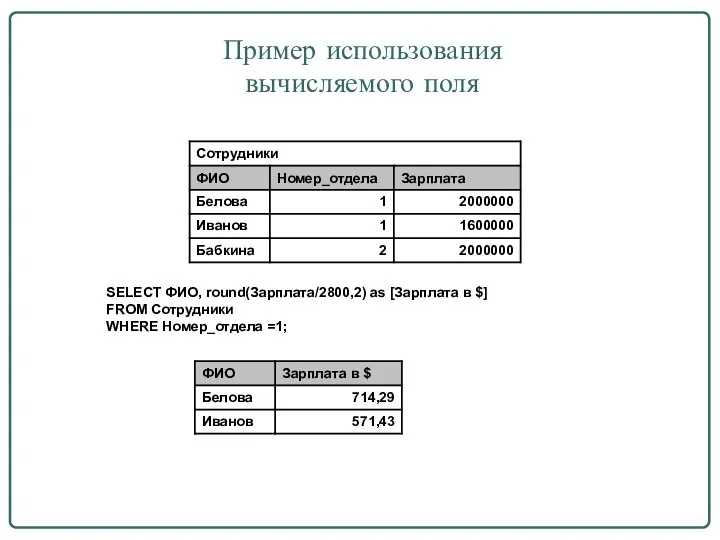 Пример использования вычисляемого поля SELECT ФИО, round(Зарплата/2800,2) as [Зарплата в $] FROM Сотрудники WHERE Номер_отдела =1;