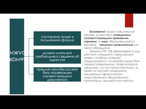 Основание подачи специальной жалобы должно быть определено соответствующими правовыми нормами,