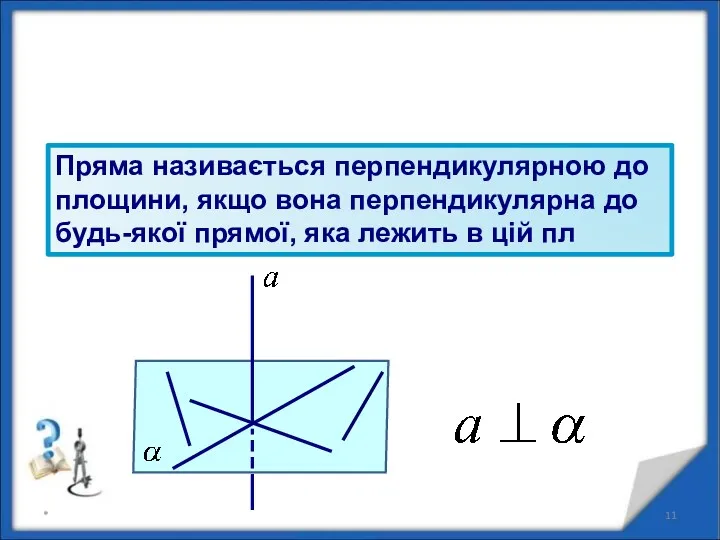 Пряма називається перпендикулярною до площини, якщо вона перпендикулярна до будь-якої