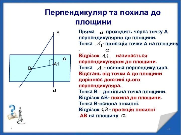 * Перпендикуляр та похила до площини А А1 В Пряма