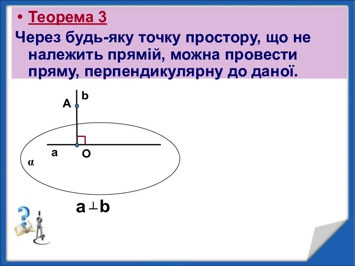 Теорема 3 Через будь-яку точку простору, що не належить прямій,