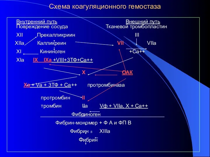 Схема коагуляционного гемостаза Внутренний путь Внешний путь Повреждение сосуда Тканевой