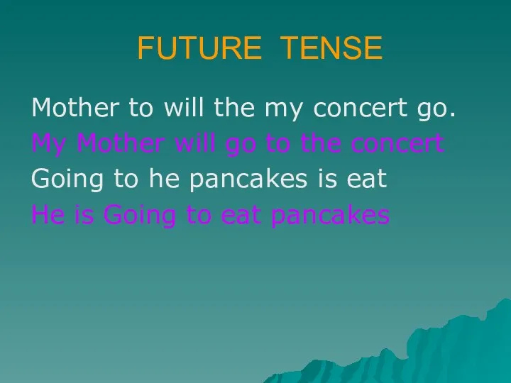 FUTURE TENSE Mother to will the my concert go. My Mother will go