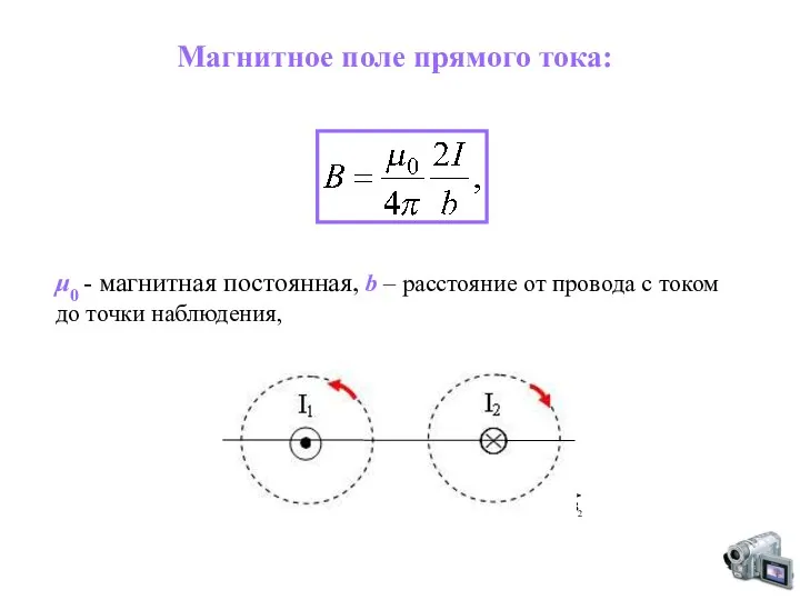 Магнитное поле прямого тока: μ0 - магнитная постоянная, b –