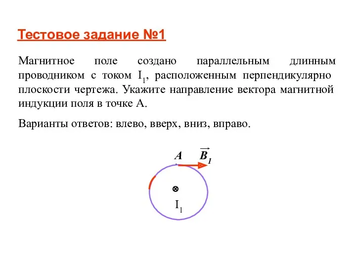 Магнитное поле создано параллельным длинным проводником с током I1, расположенным