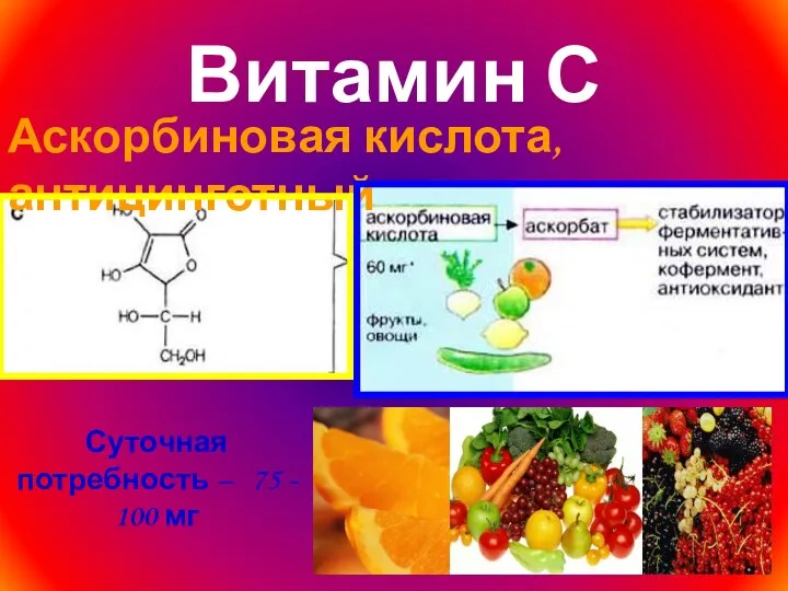 Витамин С Аскорбиновая кислота, антицинготный Суточная потребность – 75 - 100 мг