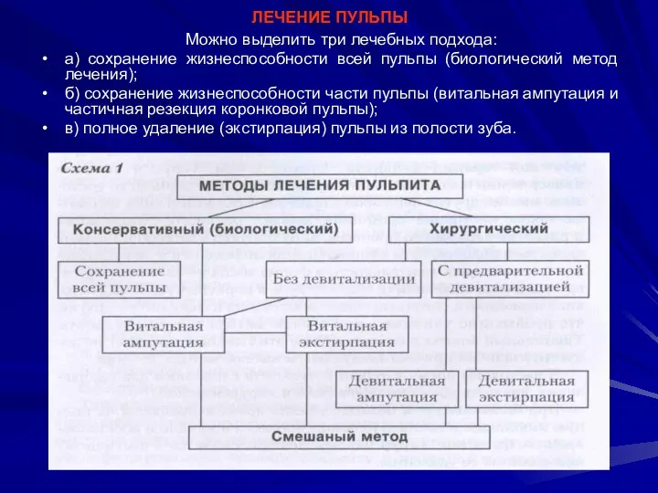 ЛЕЧЕНИЕ ПУЛЬПЫ Можно выделить три лечебных подхода: а) сохранение жизнеспособности