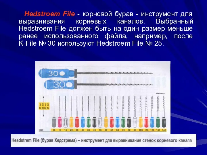 Hedstroem File - корневой бурав - инструмент для выравнивания корневых каналов. Выбранный Hedstroem