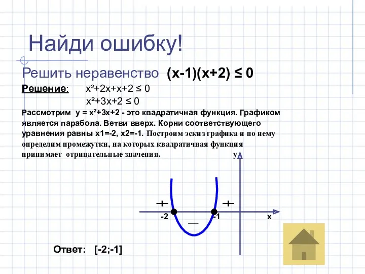 Найди ошибку! Решить неравенство (х-1)(х+2) ≤ 0 Решение: х²+2х+х+2 ≤