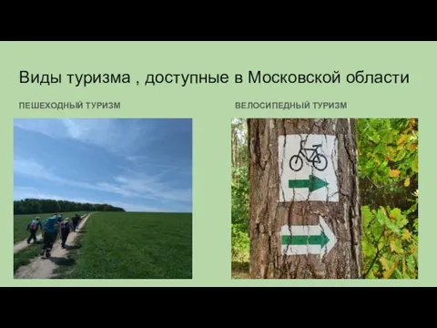 Виды туризма , доступные в Московской области ПЕШЕХОДНЫЙ ТУРИЗМ ВЕЛОСИПЕДНЫЙ ТУРИЗМ
