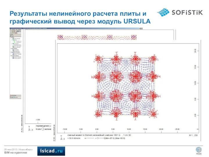 Результаты нелинейного расчета плиты и графический вывод через модуль URSULA