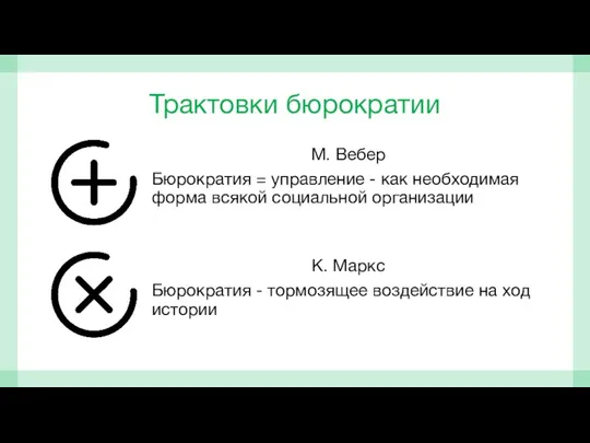 Трактовки бюрократии М. Вебер Бюрократия = управление - как необходимая