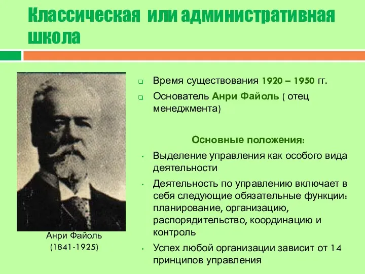 Классическая или административная школа Время существования 1920 – 1950 гг.