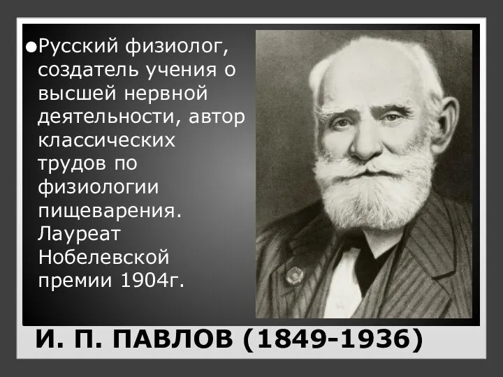 И. П. ПАВЛОВ (1849-1936) Русский физиолог, создатель учения о высшей нервной деятельности, автор