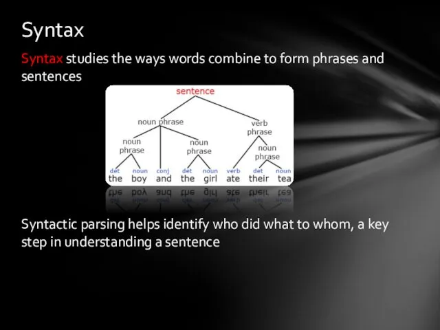 Syntax studies the ways words combine to form phrases and