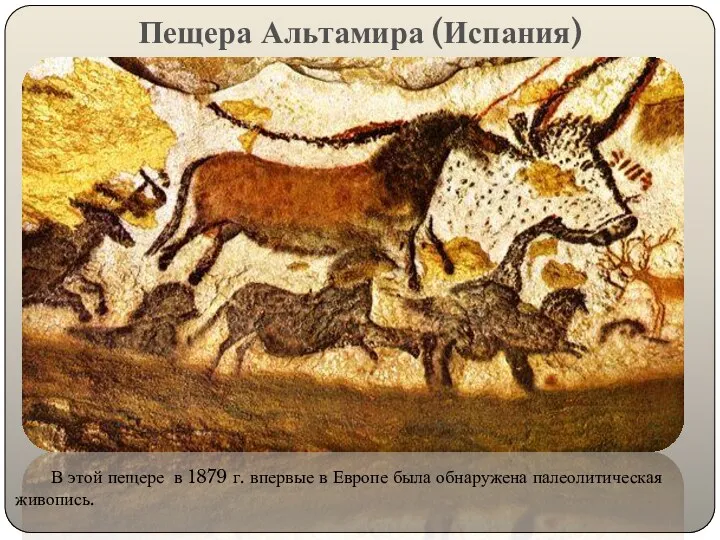 Пещера Альтамира (Испания) В этой пещере в 1879 г. впервые в Европе была обнаружена палеолитическая живопись.