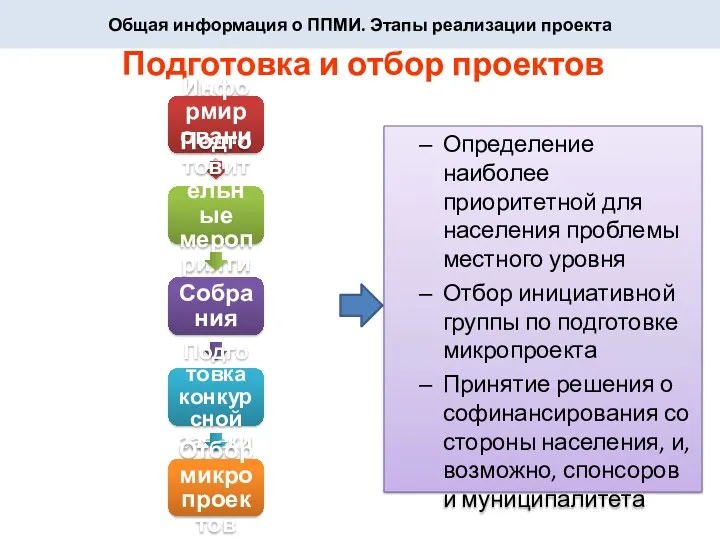 Общая информация о ППМИ. Этапы реализации проекта Подготовка и отбор