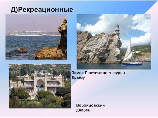 Д)Рекреационные ресурсы Замок Ласточкино гнездо в Крыму Воронцовский дворец