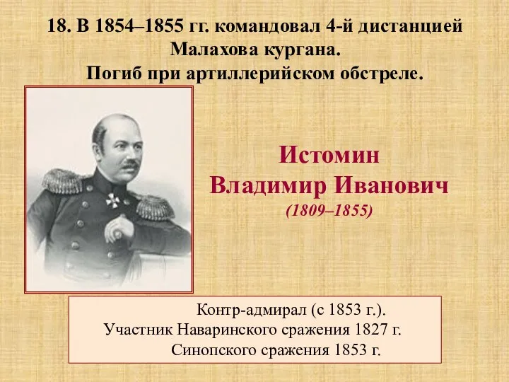Истомин Владимир Иванович (1809–1855) Контр-адмирал (с 1853 г.). Участник Наваринского сражения 1827 г.