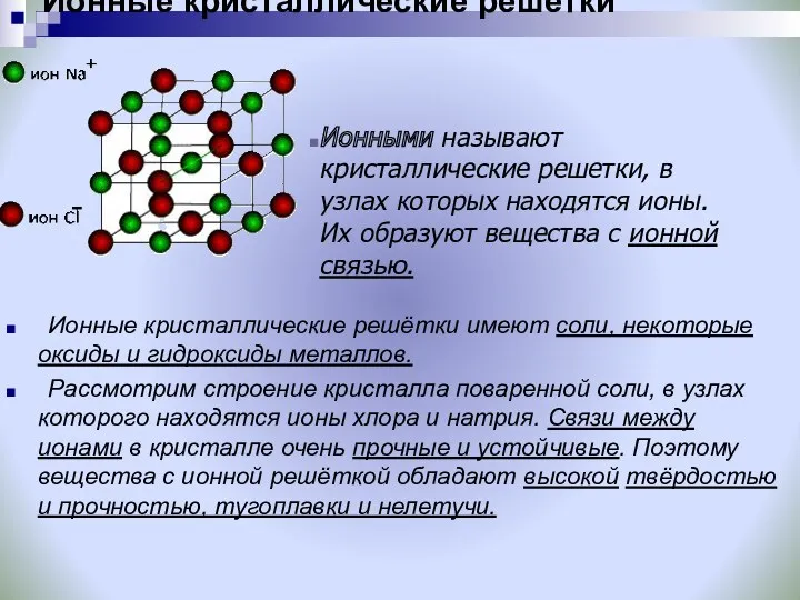 Ионные кристаллические решетки Ионные кристаллические решётки имеют соли, некоторые оксиды