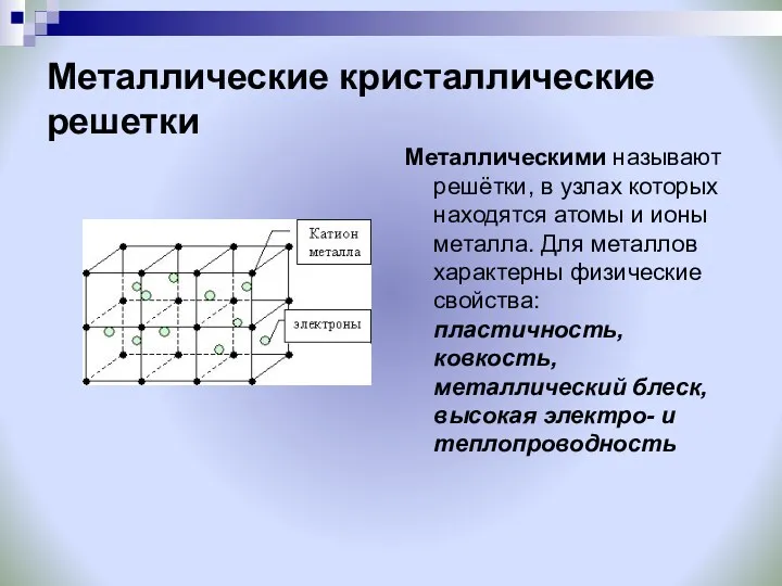 Металлические кристаллические решетки Металлическими называют решётки, в узлах которых находятся