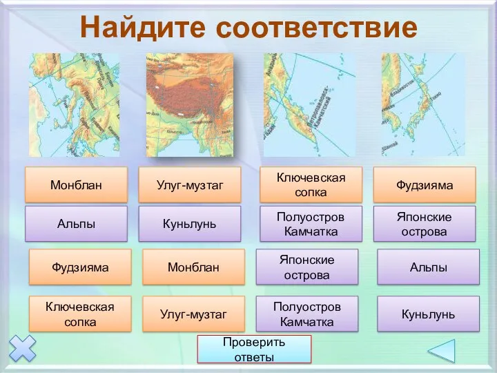 Найдите соответствие Фудзияма Монблан Ключевская сопка Улуг-музтаг Японские острова Полуостров