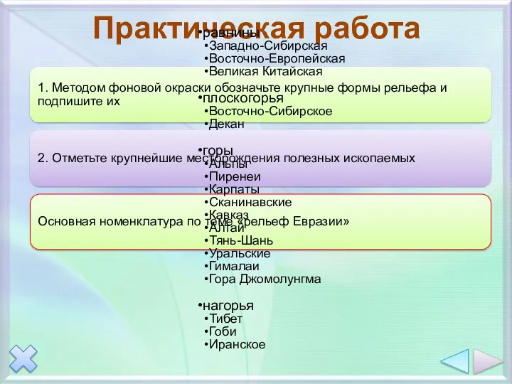 1. Методом фоновой окраски обозначьте крупные формы рельефа и подпишите