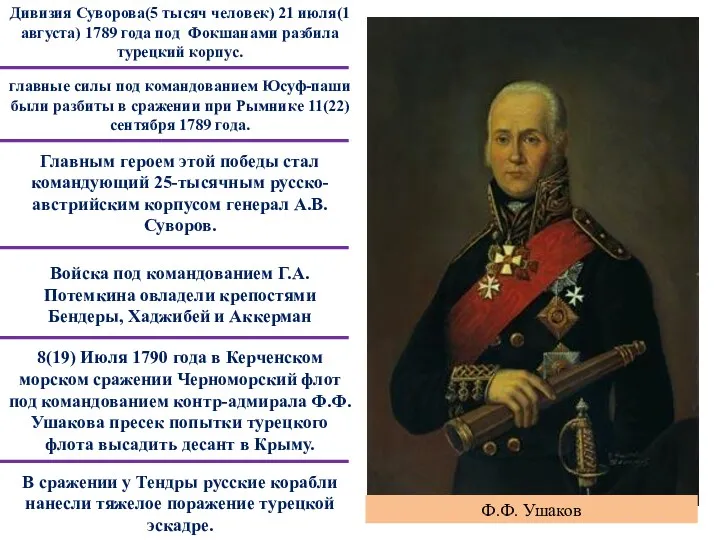 Дивизия Суворова(5 тысяч человек) 21 июля(1 августа) 1789 года под Фокшанами разбила турецкий