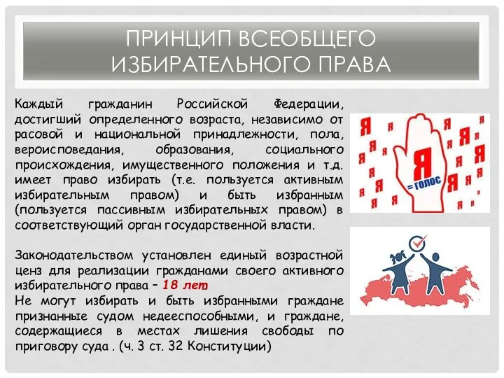 ПРИНЦИП ВСЕОБЩЕГО ИЗБИРАТЕЛЬНОГО ПРАВА Каждый гражданин Российской Федерации, достигший определенного