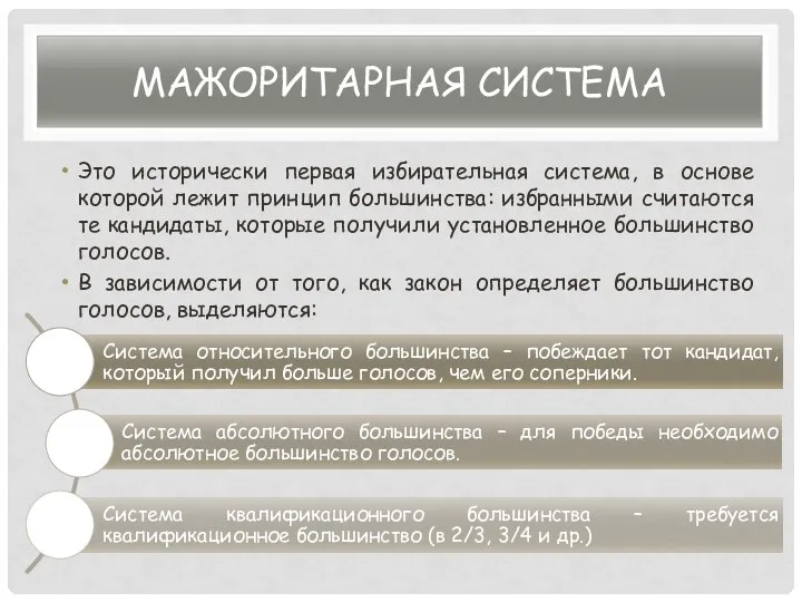 МАЖОРИТАРНАЯ СИСТЕМА Это исторически первая избирательная система, в основе которой