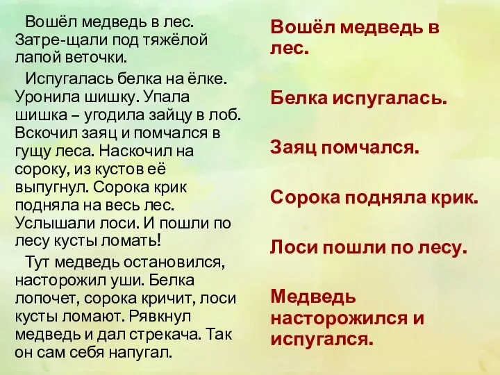 Вошёл медведь в лес. Белка испугалась. Заяц помчался. Сорока подняла