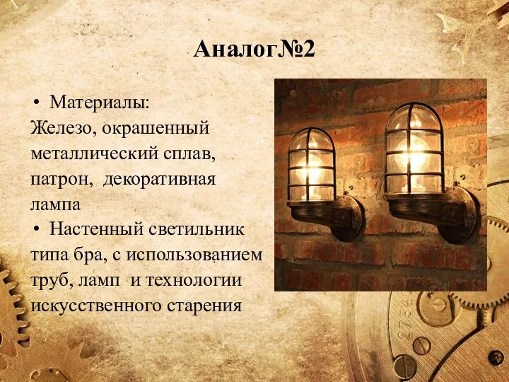 Аналог№2 Материалы: Железо, окрашенный металлический сплав, патрон, декоративная лампа Настенный