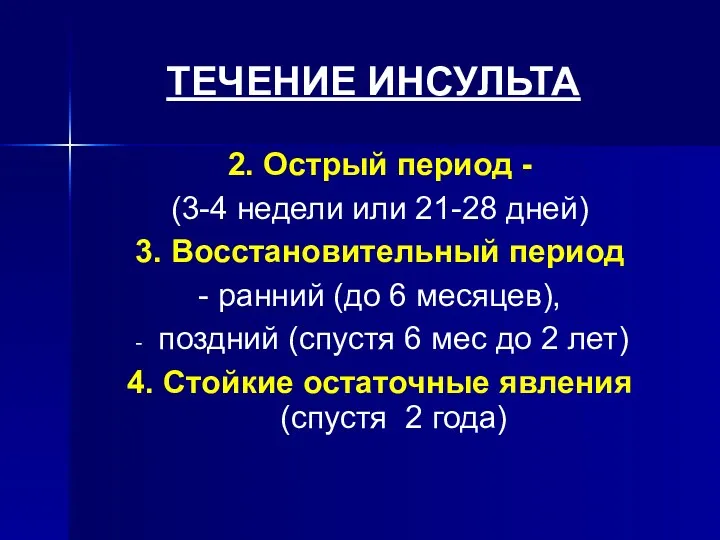 ТЕЧЕНИЕ ИНСУЛЬТА 2. Острый период - (3-4 недели или 21-28