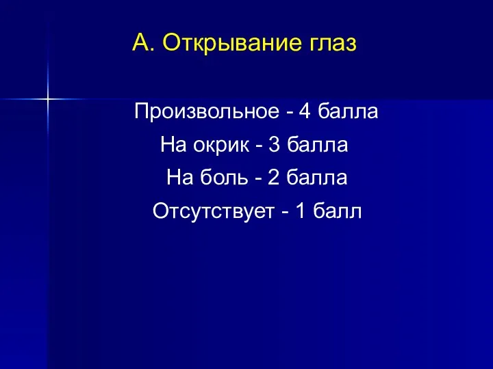 А. Открывание глаз Произвольное - 4 балла На окрик -