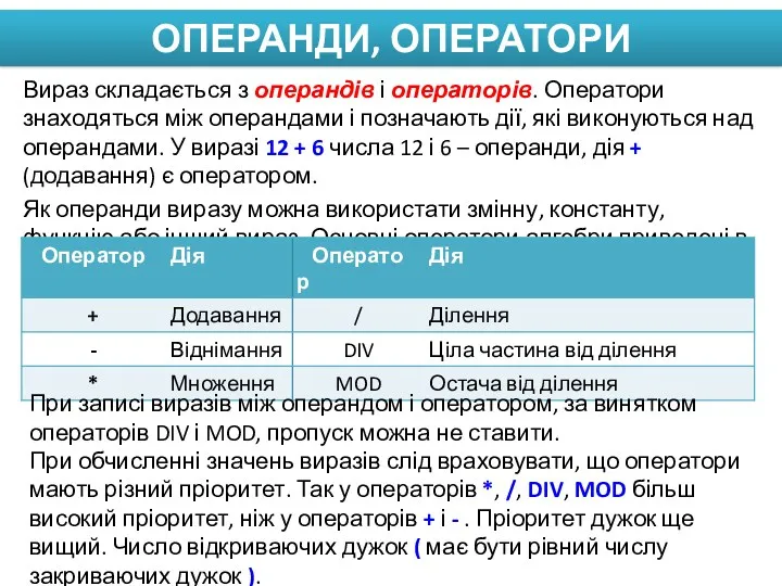 ОПЕРАНДИ, ОПЕРАТОРИ Вираз складається з операндів і операторів. Оператори знаходяться