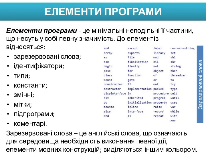 ЕЛЕМЕНТИ ПРОГРАМИ Елементи програми - це мінімальні неподільні її частини,