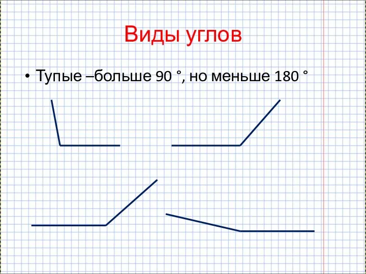 Виды углов Тупые –больше 90 °, но меньше 180 °