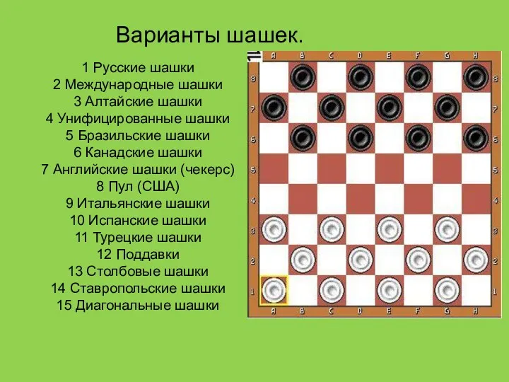 Варианты шашек. 1 Русские шашки 2 Международные шашки 3 Алтайские