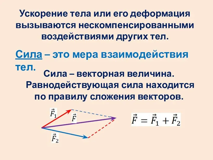 Сила – это мера взаимодействия тел. Ускорение тела или его