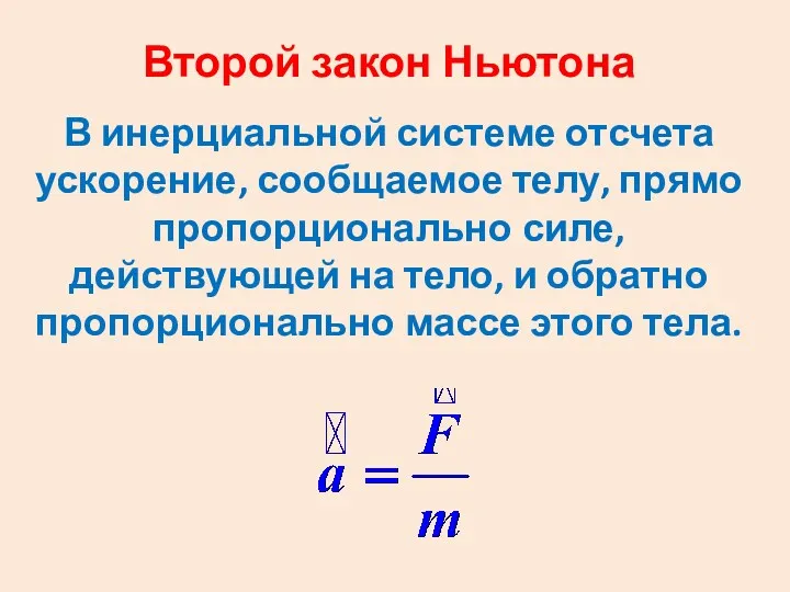 Второй закон Ньютона В инерциальной системе отсчета ускорение, сообщаемое телу,