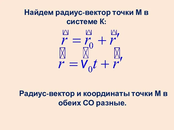 Найдем радиус-вектор точки М в системе К: Радиус-вектор и координаты точки М в обеих СО разные.