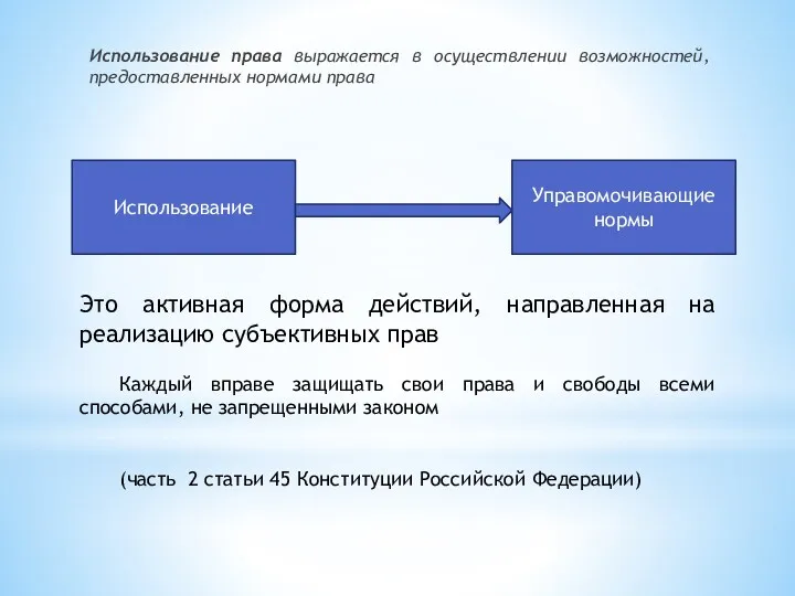 Использование права выражается в осуществлении возможностей, предоставленных нормами права Это