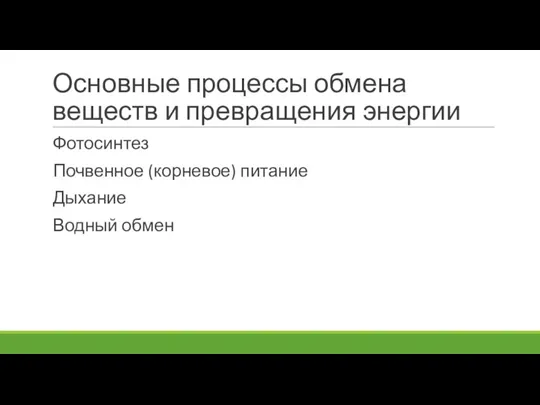 Основные процессы обмена веществ и превращения энергии Фотосинтез Почвенное (корневое) питание Дыхание Водный обмен